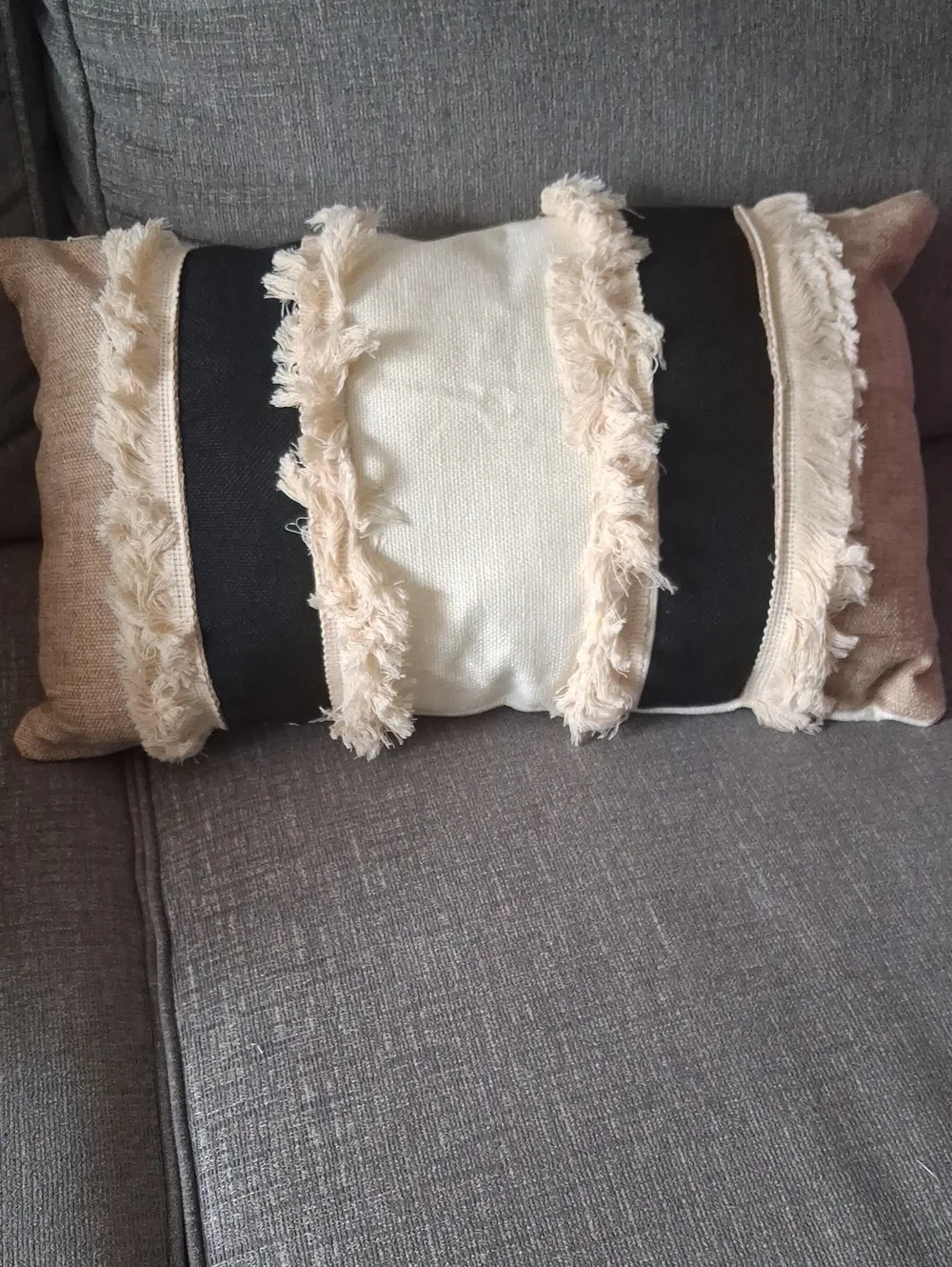 BoHo Fringe Stripe Decorative Lumbar Pillow Cover Beige, Black & Cream